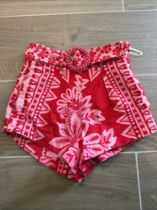 FARM Rio Pants - FARM Rio Red and Pink Floral High-Waist Shorts with Belt